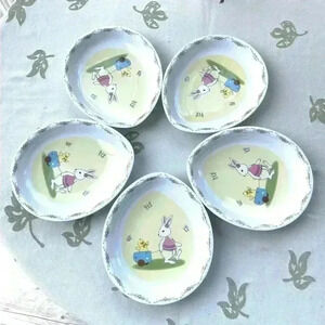Melamine Ware egg shape, Easter 5 plates Bunny W/ Chick In Wagon Design